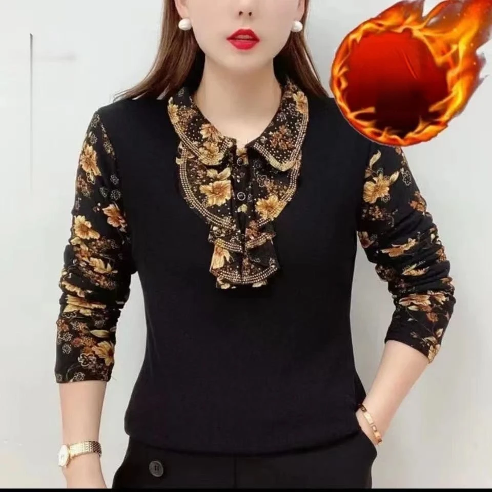 

Новинка осенне-зимняя одежда с деревянным ушным воротником Топы уплотненные пуловеры футболка с принтом длинными рукавами нижняя рубашка 5XL