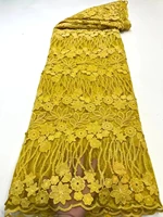 yellow french tulle lace fabric high quality embroidery sequins african lace fabric 5 yards for nigerian wedding