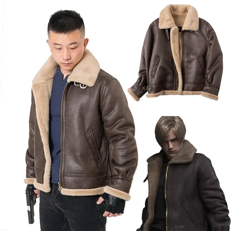 

Game Biohazard Resident Remake Leon Scott Kennedy Cosplay Costumes Faux Leather Jacket Role Play Coat For Man