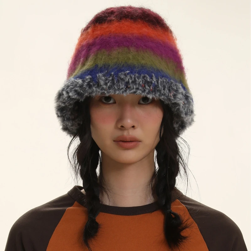

Winter Warm Gradient Wool Vintage Color Stripe Beanies Women Handmade Crochet Beanie Thick Warm Knitted Hat Winter Bucket Hat
