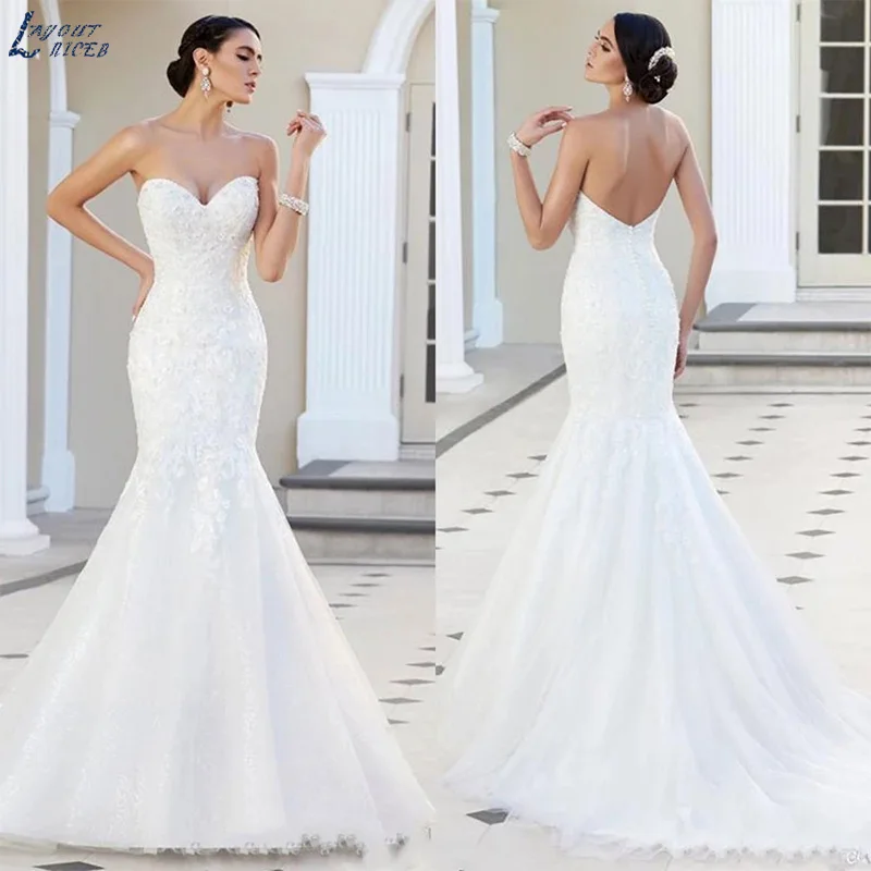 

Sweetheart Lace Mermaid Wedding Dresses For Women 2022 Civil Strapless Appliques Tulle Backless Wedding Gowns Robe De Mariée
