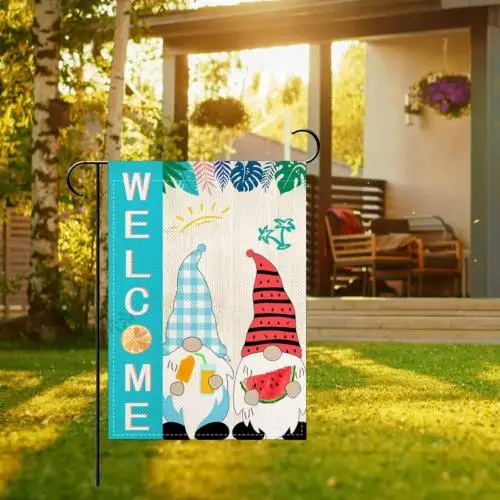 Добро пожаловать Летние гномы Садовые флаги 12 5X18 дюймов Двусторонние