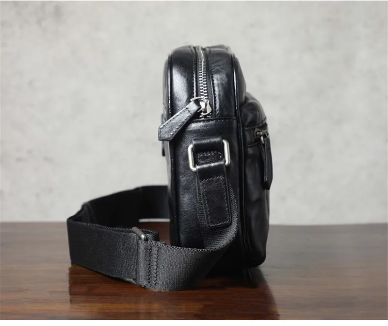 PNDME casual luxury genuine leather men's black messenger bag outdoor weekend daily natural first layer cowhide shoulder bag