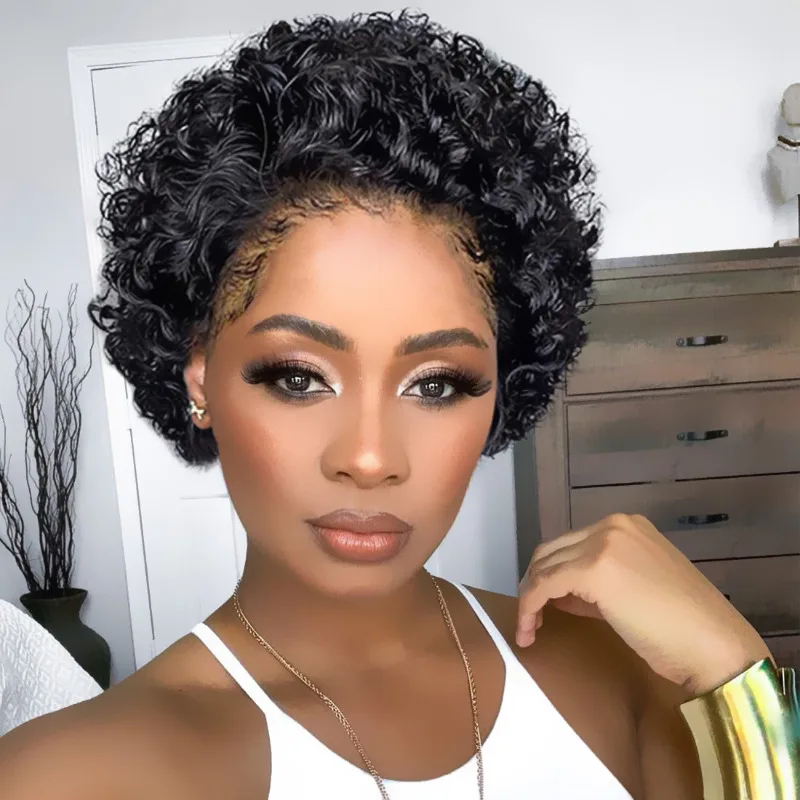 Уникальный 13x1 Pixie Cut Curly Lace Wigs for Black Women Бразильский Virgin Remy Frontal Human Hair Парик с
