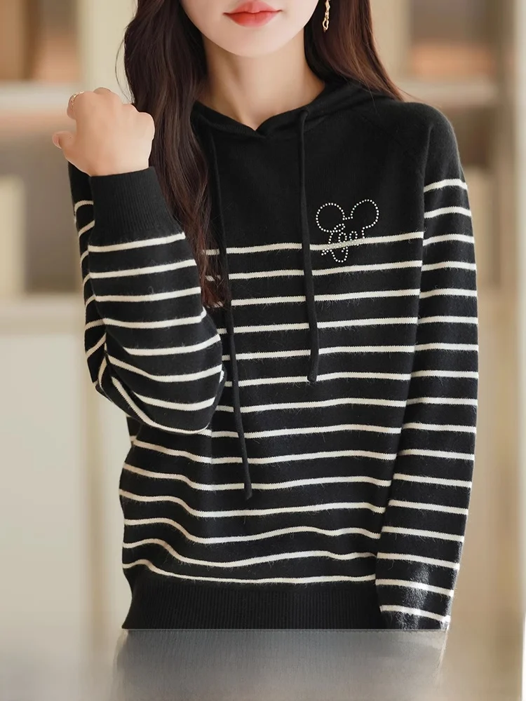 Толстовка в полоску с капюшоном трикотажная нижняя рубашка женская новинка 2024