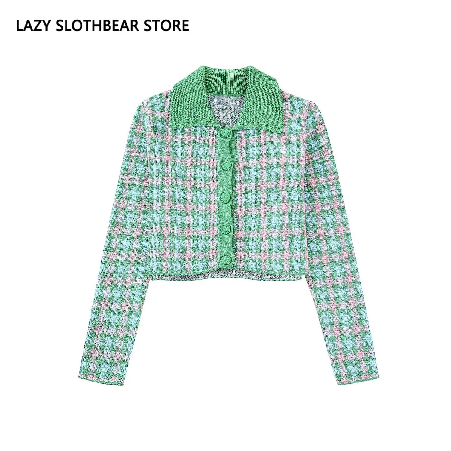

Casual Preppy Style Sweater Jacket Single Breasted Turn Down Collar Plaid Knit Outwear Long Sleeve Open Stitch Coat