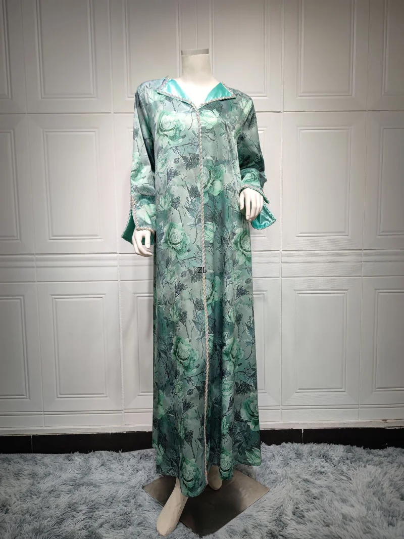 Elegant Casual Modest Dress Abaya Dubai Luxury Diamonds Lapel Collar Retro Floral Print Muslim Women's Dresses 2023