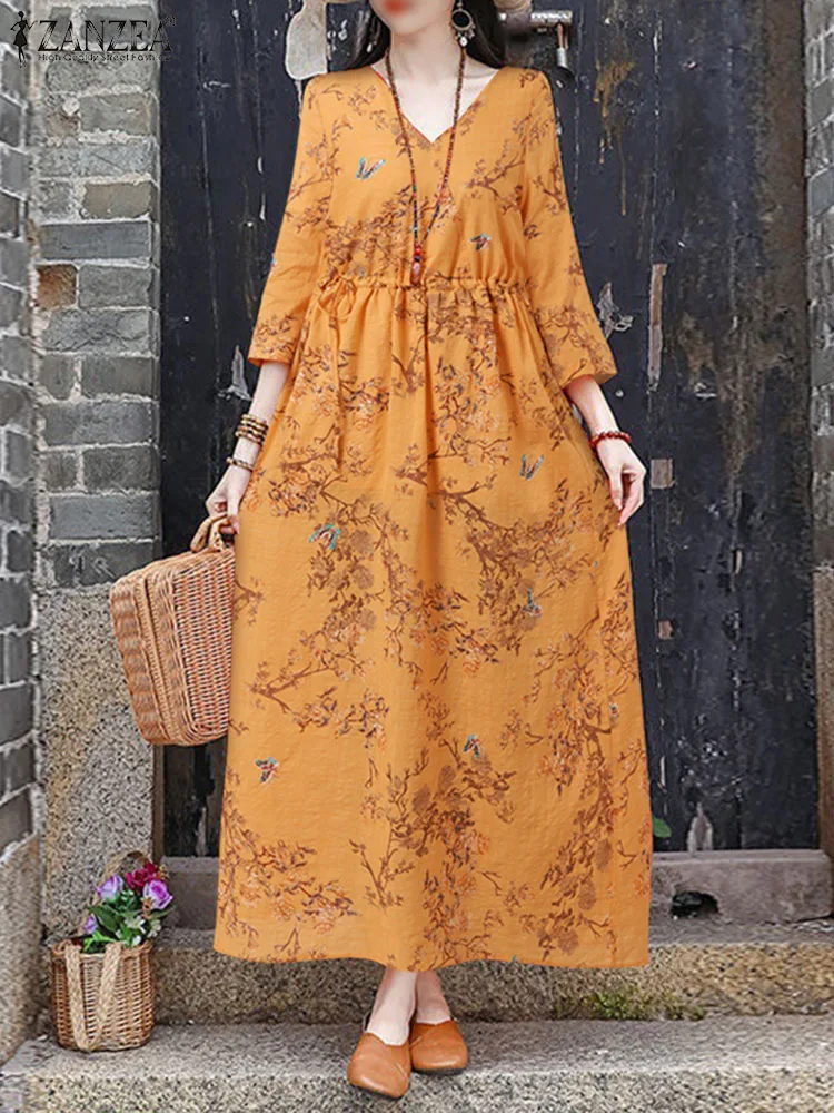 

ZANZEA Cotton Linen Elegant Long Dress Breathable 3/4 Sleeve Holiday Floral Printed Robes Casual Loose Women Leisure Maxi Dress