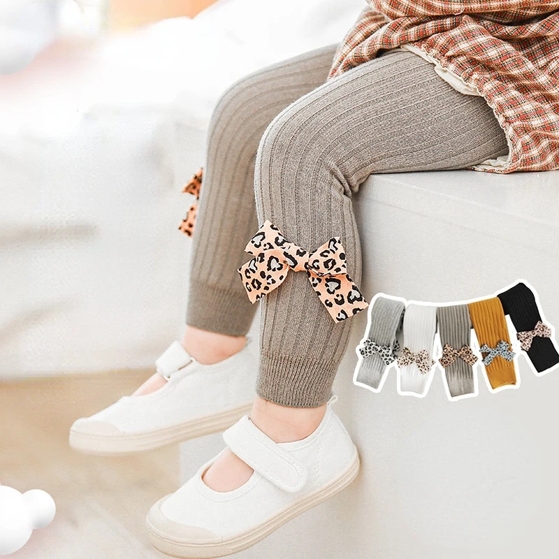 0-4Years Spring Autumn Baby Fashion Leopard Bow Tights Pants Legging for Girls Children Breathable Cotton Knitted Child Trousers