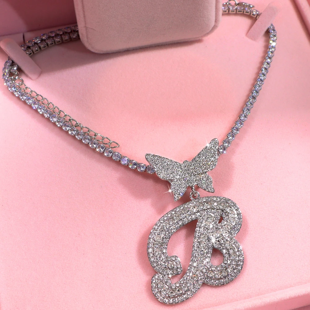 

Trendy Micro Butterfly Letter Zircon Tennis Necklace For Women Bling Cursive Initials Pendant Necklace Hiphop Jewelry For Gifts