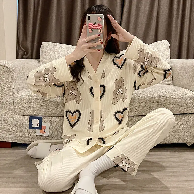 QWEEK Home Suit for Women Sleepwear Pajamas Kawaii Bear Heart-shaped Pyjamas Autumn Winter Pijamas Negligee Nightwear Roomware