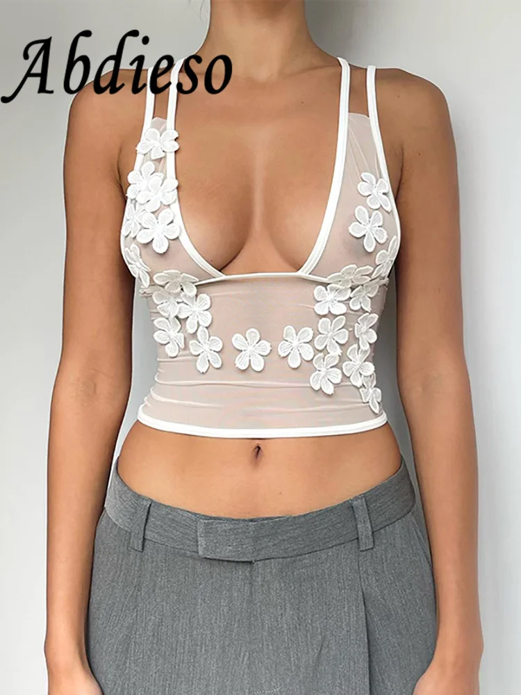 

Женский сетчатый кроп-топ с открытой спиной, V-образным вырезом и цветочным принтом