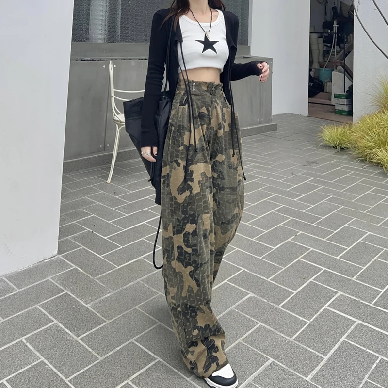

American Style Street Trend Retro Camouflage Pants Design Heavy Craftsmanship Patterned Wash Women's Wide Leg Straight Leg Pants