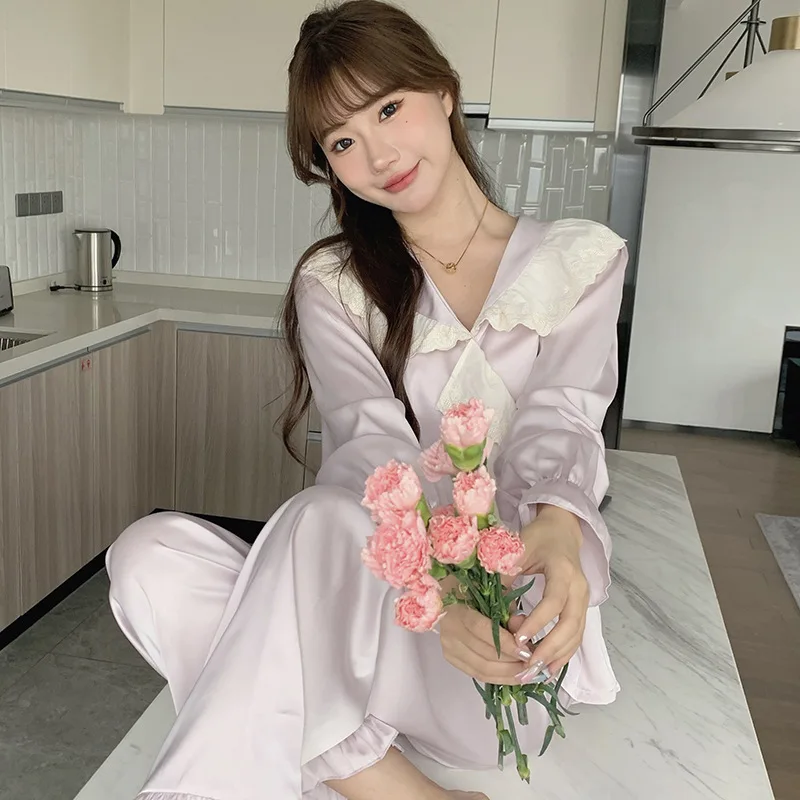 

QSROCIO Women's Spring Summer Simulated Silk Pajamas Thin Long Sleeve Pants Casual Home Clothes Set Female Cute Sweet Sleepwear