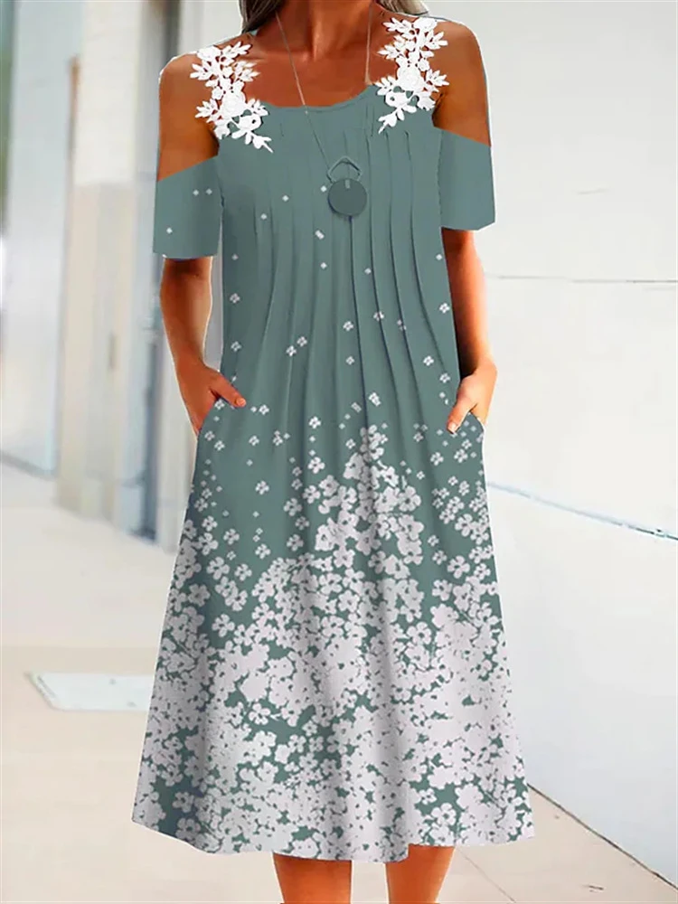 

Женское платье с открытыми плечами, элегантное кружевное плиссированное платье-пуловер средней длины на бретельках с принтом, лето 2022