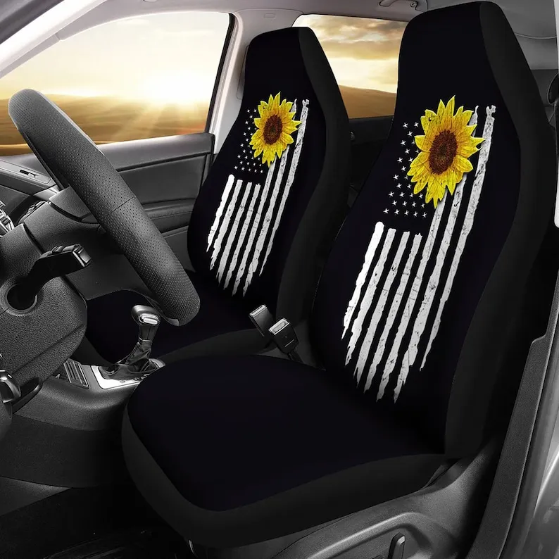 

Distressed American Flag Car Seat Covers With Rustic Sunflower on Black Seat Protectors Set of 2 American Flag Car Accessories U