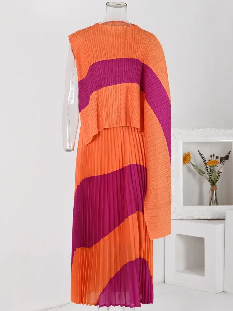 

Miyake Original 2 Piece Fashion Set Women's Large Irregular Loose T-shirt Top + Contrast Color Long Skirt Female Trendy Clothing