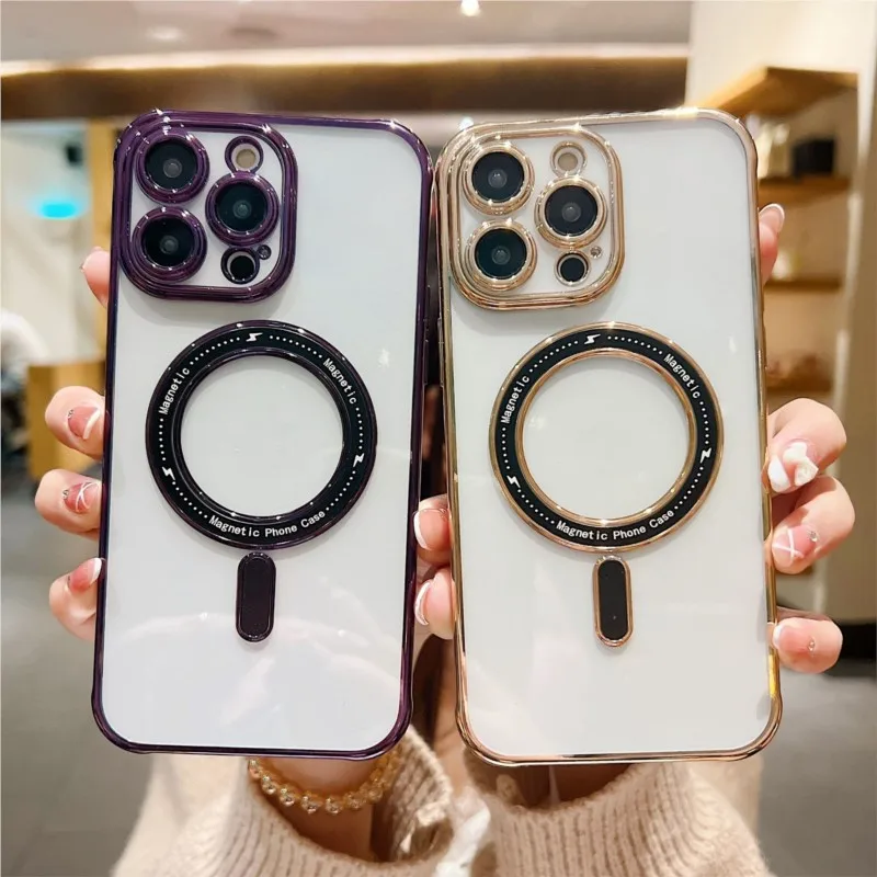 Electroplated Magnetic Suction Phone Case Suitable For iPhone 14, 13, 12, 11 Pro Max Plus Transparent Fall Protection Case