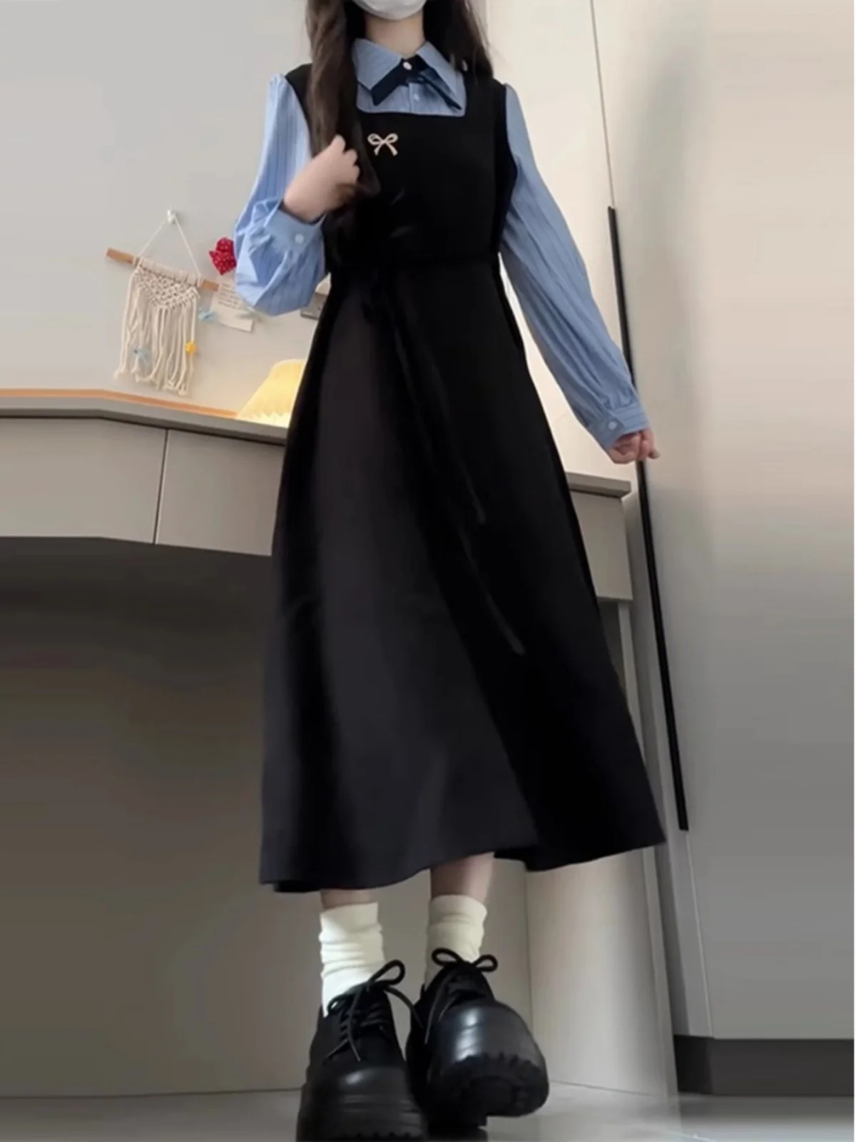 French sle Loose Feeling Wear Dress Women 2024 Autumn and Winter with Coat Waist Hugging Meat Covering Fake Two Pieces Temp...