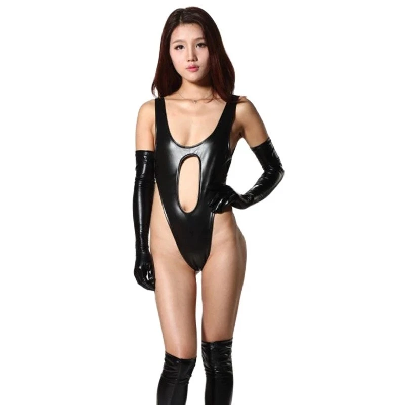 

PU Faux Leather Hollow Out Latex Catsuit High Cut Thong Bikini Swimwear Body Shaping Bodysuit Sukumizu Bathing Suit Pole Dancing