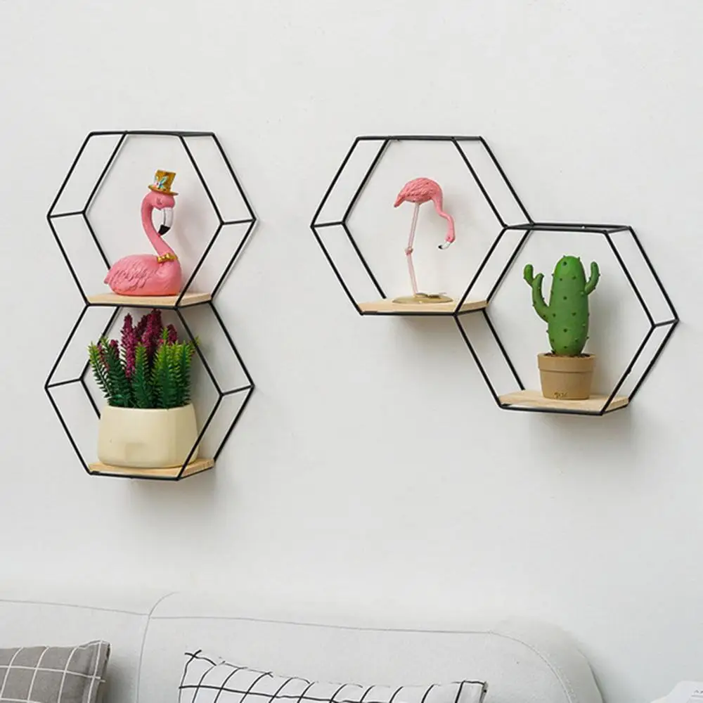 

2021 Nordic Style Hexagon Iron Stand Wall-mounted Home Shelf Storage Holder Decorative Shelves for Storing Small Sundries
