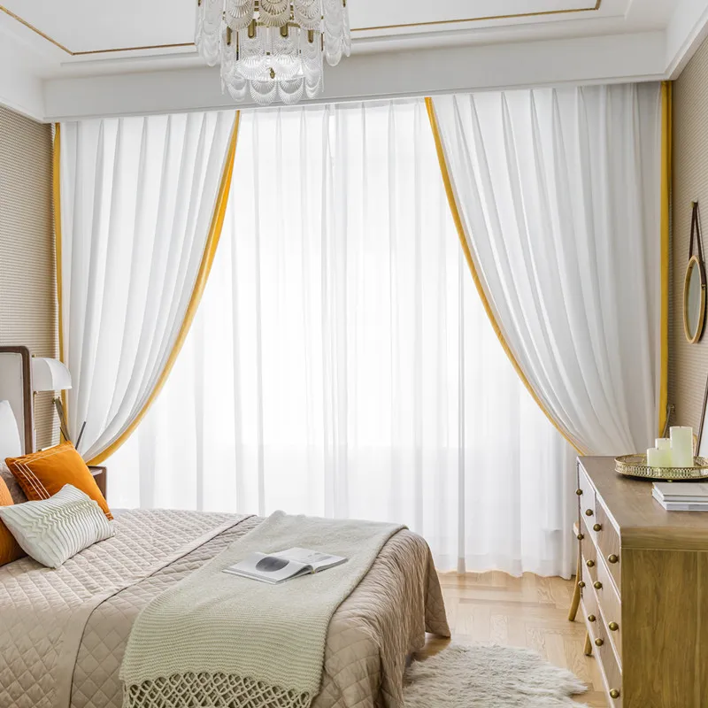 Curtains for Living Room Dining Bedroom Factory Price White Gauze Curtain Bordered Translucent Impervious Screening |