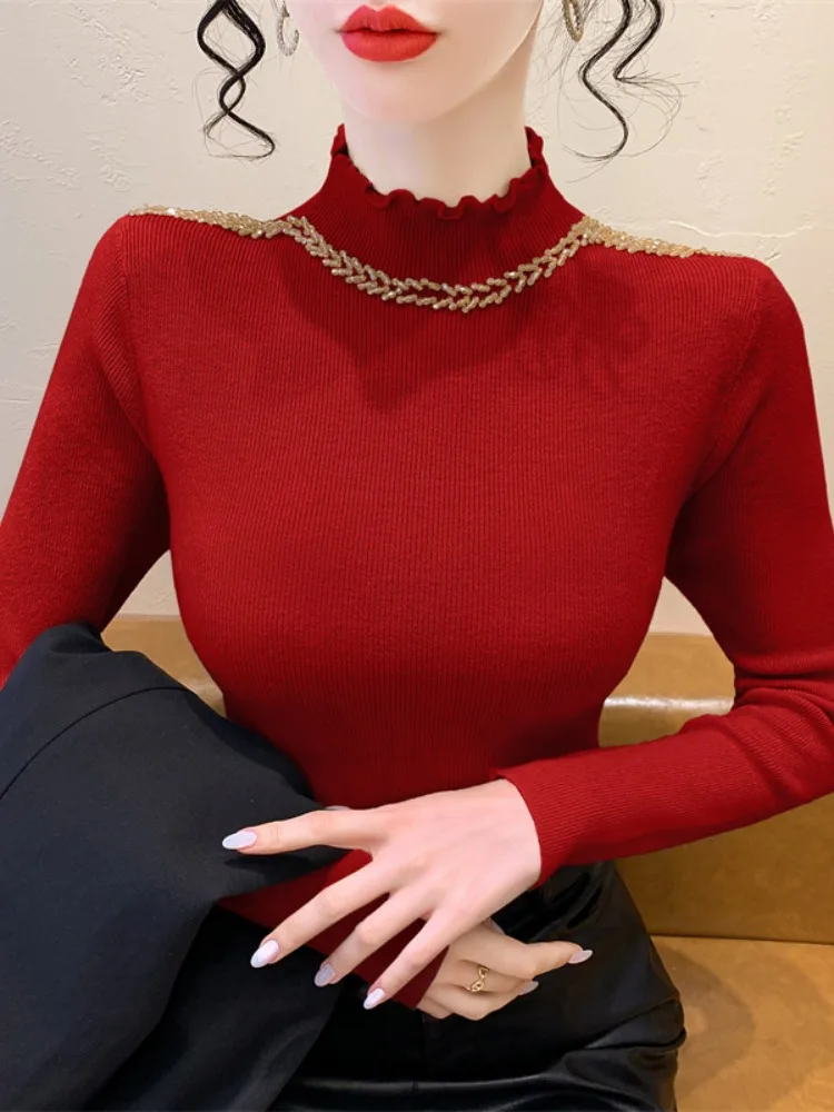 Женский трикотажный свитер с длинным рукавом и воротником-стойкой