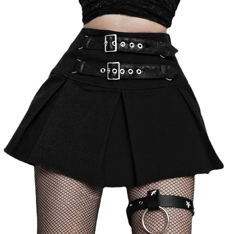 

Hegel dark Department high waist leather buckle splicing sexy girl pleated skirt hot girl slim white A-line short skirt Y2K
