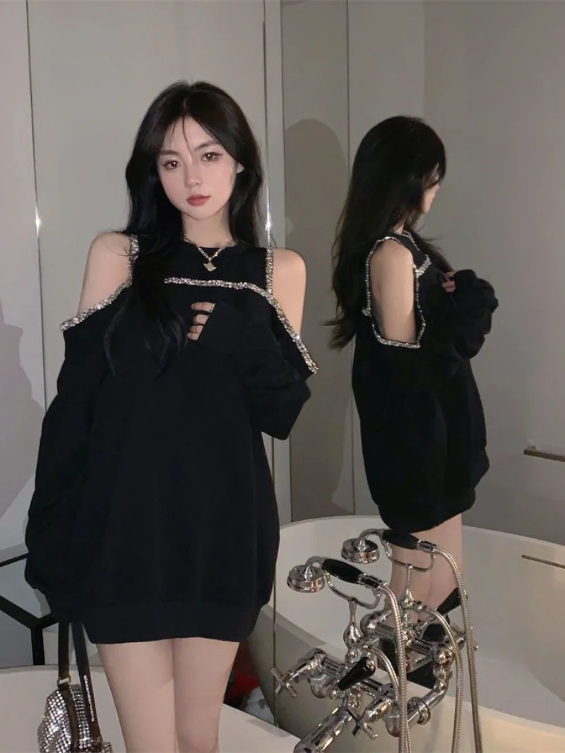 

WDMSNA New Loose Casual Round Neck Hoodies Women Black Sweatshirts Hollow Out Off Shoulder Long Sleeve Hoodies Top for Women