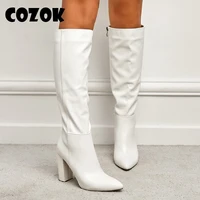 new high heels boots new autumn winter pointed toe knee long boots side zipper ladies square heel shoes plus size 42