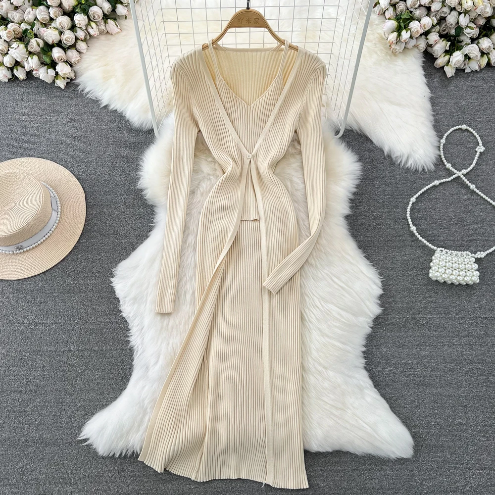 

Women Chic Elegant V-neck Long Sleeve Bodycon Split Dress Sexy Fashion Knit Elastic Slim Hip Wrap Dress