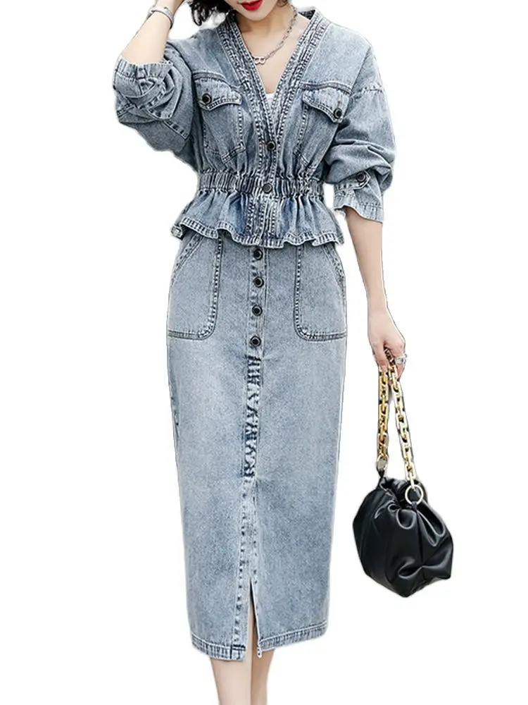 

Casual Denim Skirt Set Fitted Short Top + Breasted High Waist Skirt Two-Piece Set 2022 New Korean Fashion Women'S Clothing