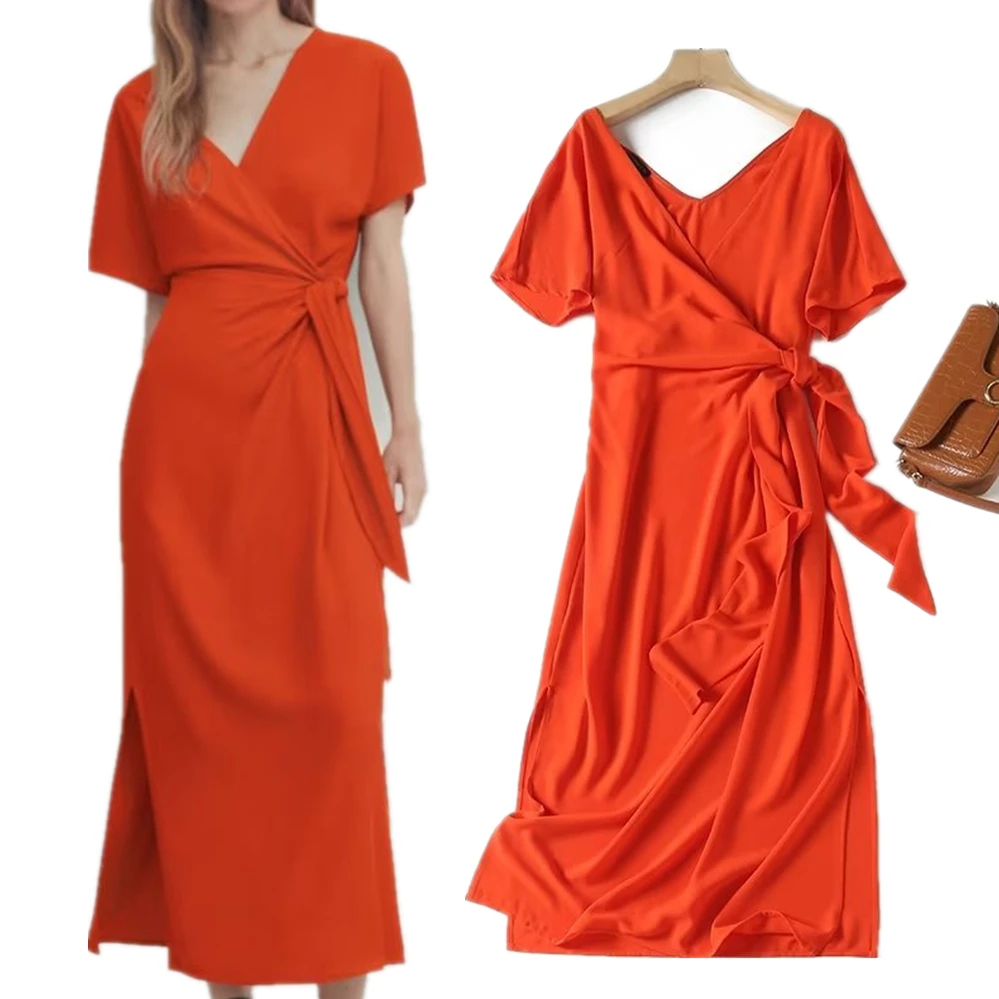 

Maxdutti 2023 Autumn French Midi Dress Women Fashion Ladies Orange Party Dress Simple Wrap Tie Elegant