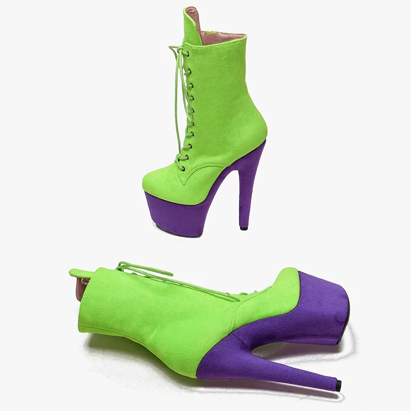 Leecabe 17CM/7inches  color matching suede upper boots  platform  short boots model nightclub super high heel Pole Dance boot 3B