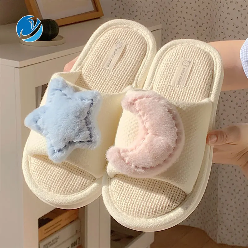 

Mo Dou Women's Home Slippers Linen Cotton Summer Soft Girlish Star and Moon Non-slip for Outdoors Four Seasons Cozy Light Mute