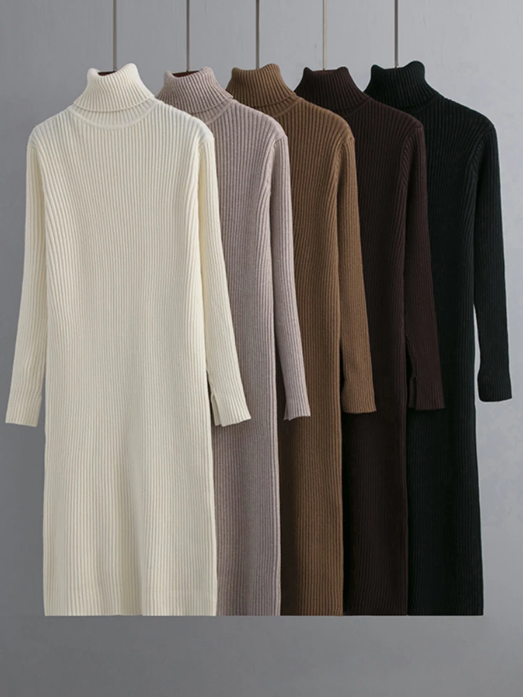 

Women Knitted Sweater Dress Winter Basic Ribbed Casual Turtlneck Pullover Knee Length Warm Knitwear Long Dresses for Women 2023