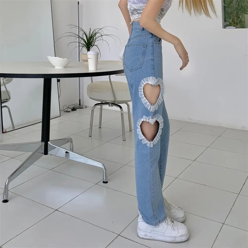 

Love ripped jeans female new tall waist straight loose summer show thin wide-legged torre pants