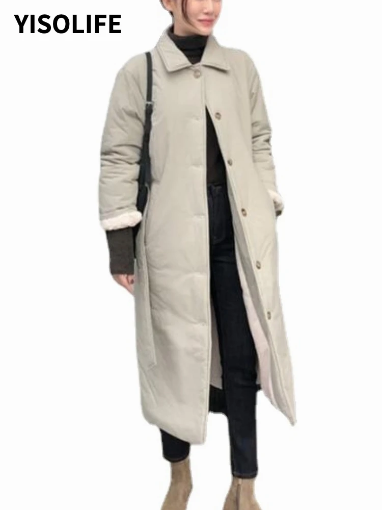 

YISOLIFE Winter New Korean Women's Clothing Long Retro Simple Loose Belt Fleece Liner Coats & Jackets Puffer Coat Elegant Parkas