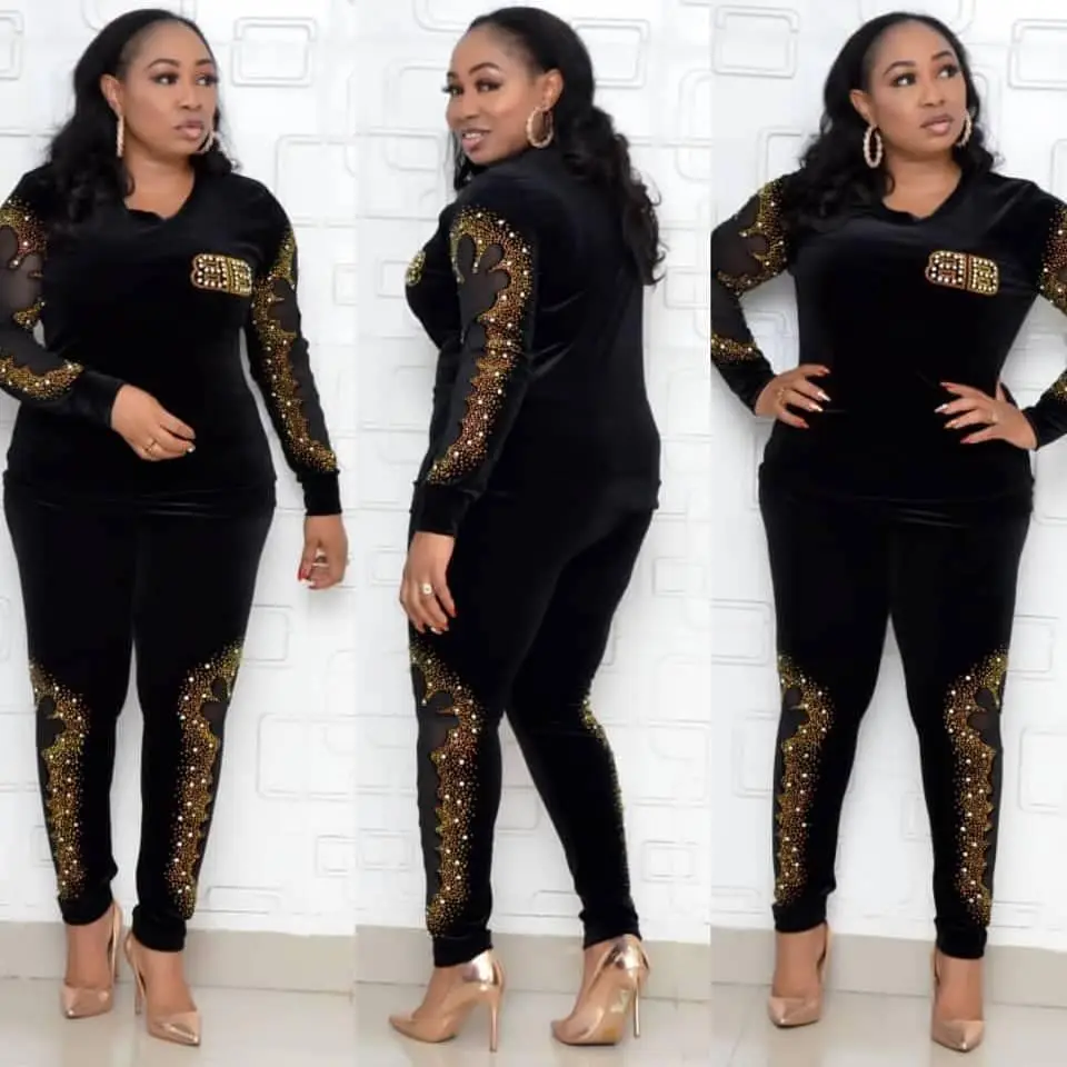 

Бархатные африканские комплекты для женщин 2021 с длинным рукавом, бисером, блестками, Африканский эластичный базин, мешковатые брюки, в стил...