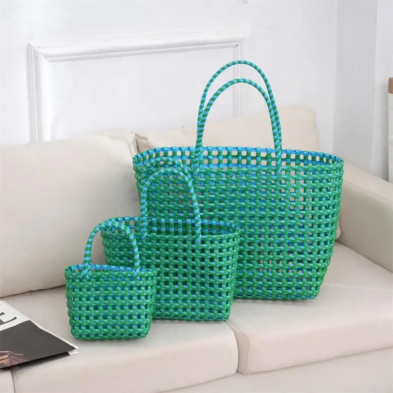 

New Hollow bag Women Colorful Fashion Woven Hand Bag Portable Basket Bag Waterproof Leisure Beach Retro Bags PVC Green Hand Gift