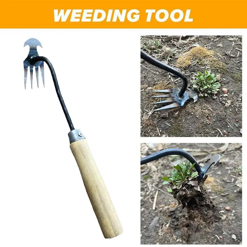 

Garden Hand Weeder 4-Teeth Dual Purpose Root Remover Tool High Strength Steel Weed Puller Artifact For Digging Loosening