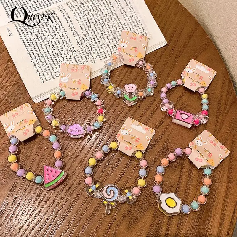 Cartoon Acrylic Jelly Color Beaded Child Bracelets Cute Pink Crown Heart Paw Charm Bracelets Girls Jewelry