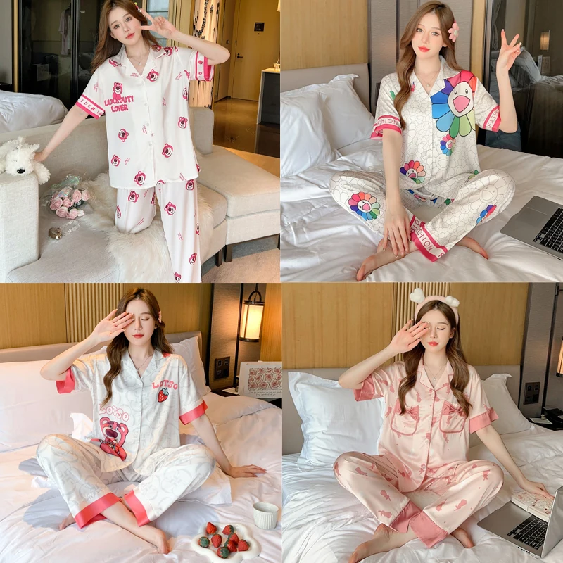 

New Anime Lotso Ice Silk Pajamas Girl Disney Summer Cardigan Short Sleeve Trousers Kawaii Cartoon Thin Section Tracksuit Set