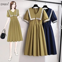 ehqaxin new summer ladies dress 2022 fashion versatile lace stitching short sleeve buttons loose casual dresses for female l 4xl