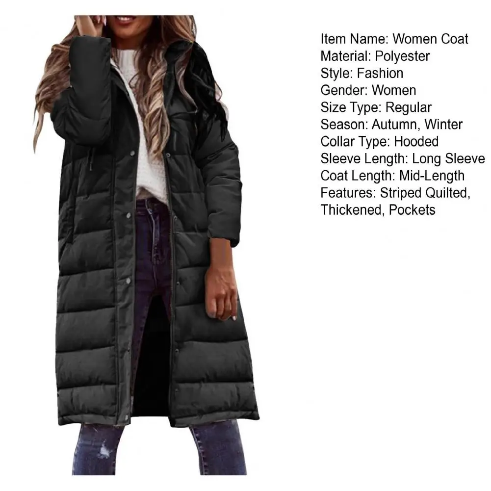 Long Sleeve Pockets Buttons Zipper Placket Thickened Striped Quilted Women Coat Winter Solid Color Hooded Mid-length Down Jacket
