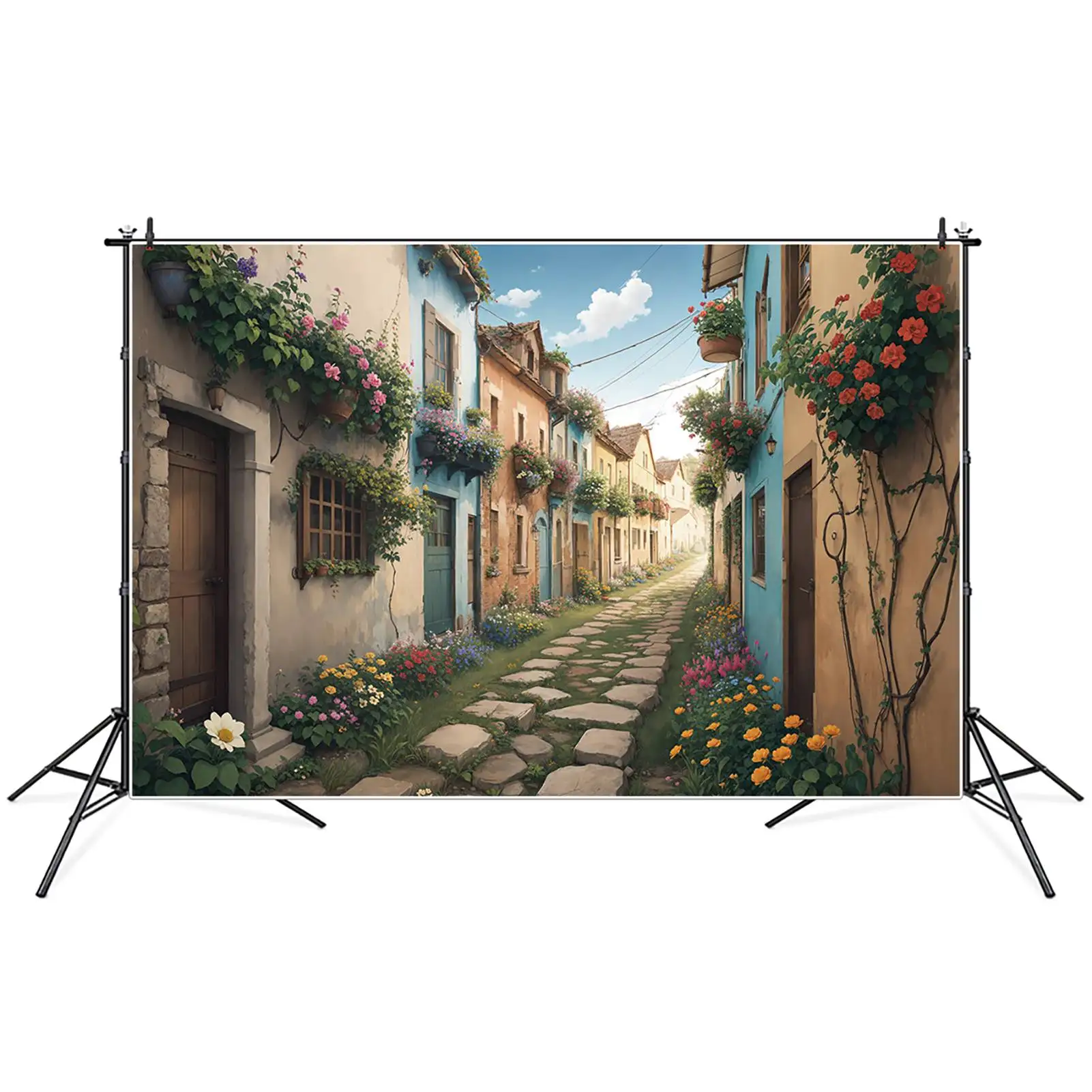 

Floral Town Home Street Pathway Backdrops Photography Decor Rural Blue Pink Home Room Customized Children's Photo Background
