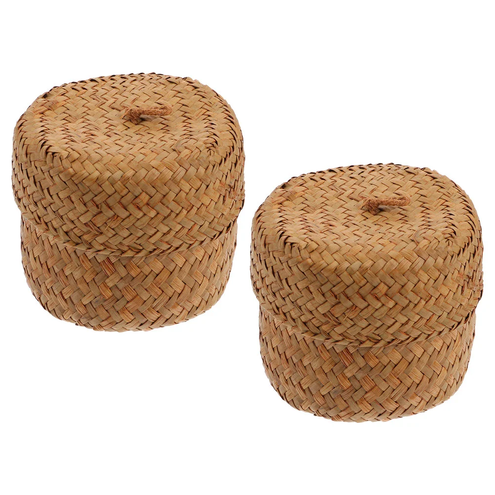 

2 Pcs Seagrass Storage Baskets Small Woven Mini Containers Lidded Wicker Flower