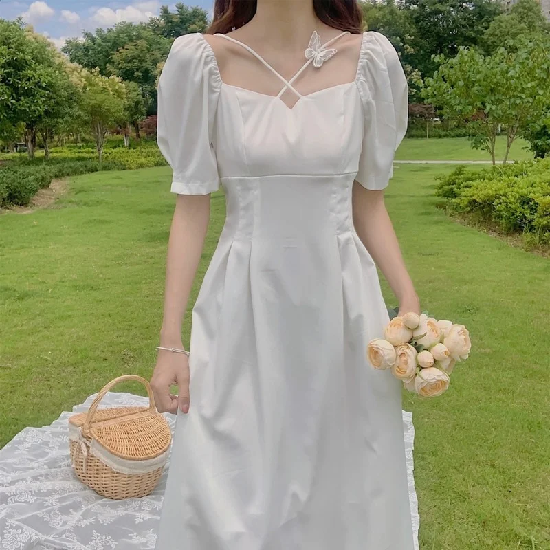 

HOUZHOU White Long Dress Women Korean Vintage Elegant Square Collar Cross Lace-up Puff Sleeve Basic Midi Dress Fairycore Party