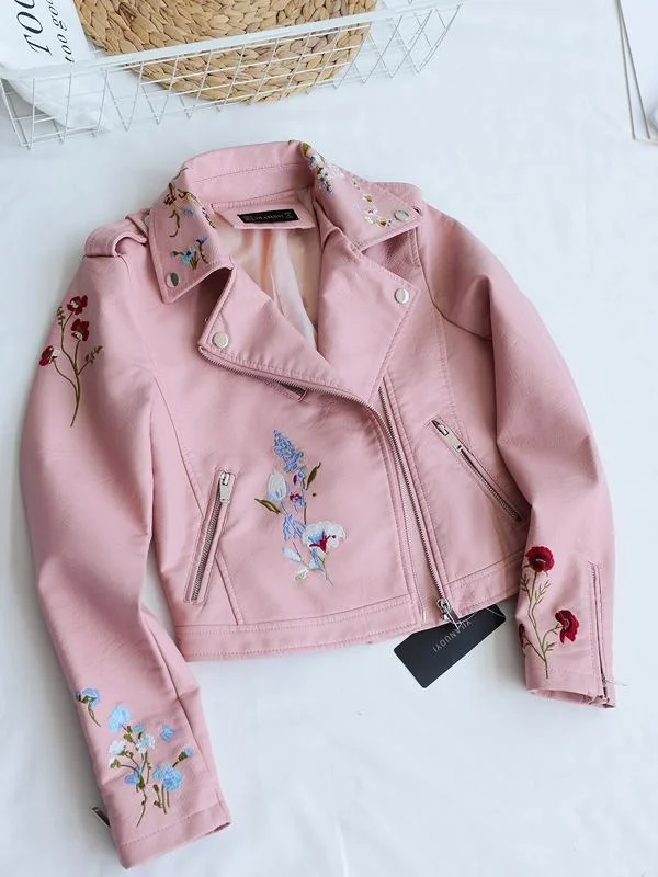 

Autumn Biker Leather Jacket Women Embroidered Bomber Floral Print Pink Black Motorcycle