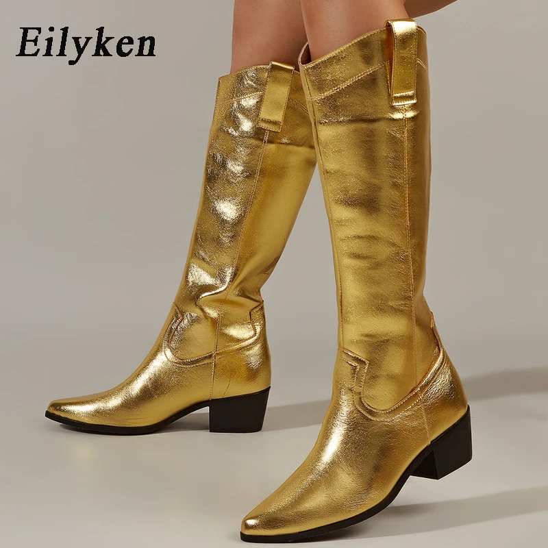 

Eilyken/женские сапоги до колена на низком каблуке в стиле ретро; Сезон осень-зима лаконичные ковбойские сапоги в ковбойском стиле с острым нос...